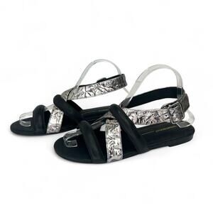 Intentionally Blank Women's Strappy Sandal EU 38 US 7.5-8 Black Silver Crinkle